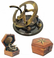 Antique Nautical Brass 3.5"inch Sundial Compass Vintage Handmade In Wooden Box