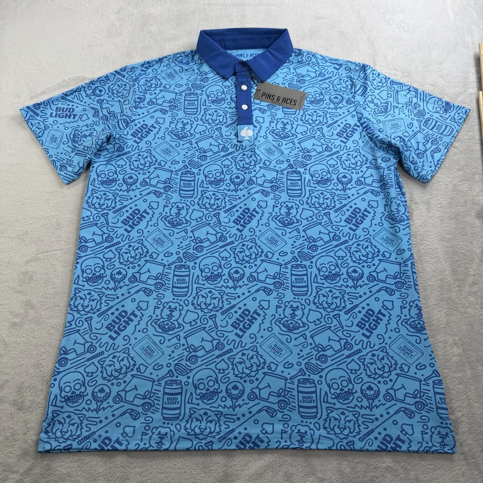 New Pins & Aces BudLight Polo Shirt Mens XL AOP Print Performance Golf Stretch