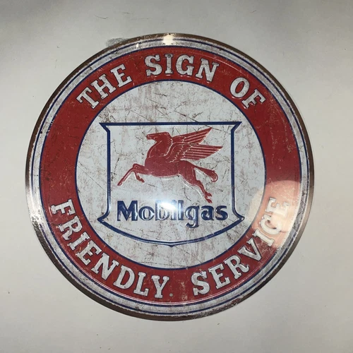 Mobilgas Pegasus Friendly Service Tin Metal Sign 12” Vintage Look New Round
