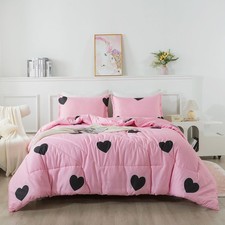 Girls Twin Size Blush Pink Heart Print Comforter Set Microfiber Bedding With...