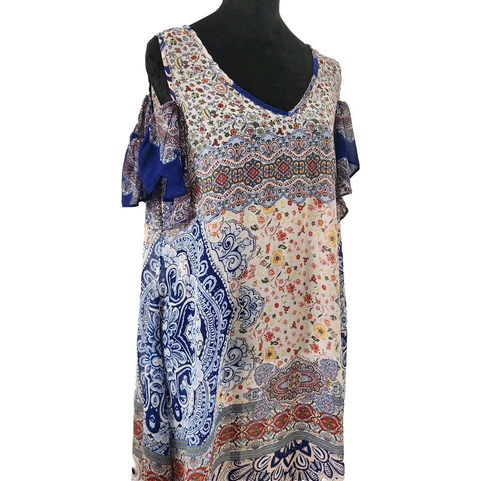 Vestido New Direction Paisley Azul Caftán Geométrico Gasa Boho Transparente Moomoo Talla L Foto 2 de 4