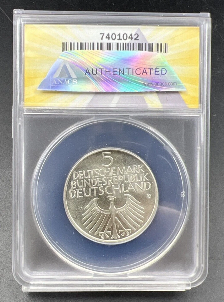 1952 D 5M West Germany Nurnberg 5 Five Marks Silver Coin ANACS MS63 - Image 2 of 4