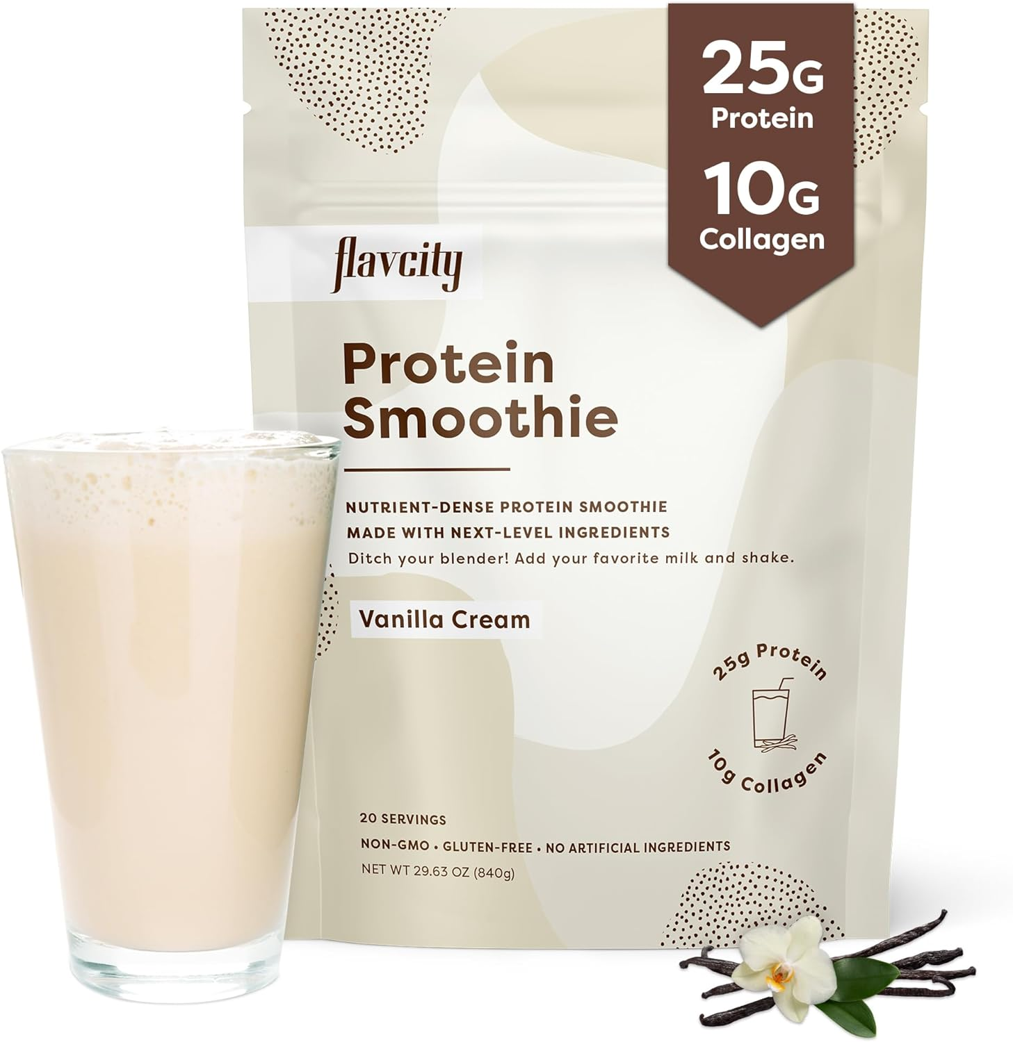 FlavCity Protein Powder Smoothie, Vanilla 100 GrassFed Whey Protein