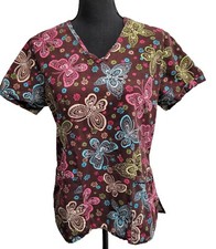 Women's SB Scrub Top XS Multicolor "Butterfly" V-Neck Elastic-Back