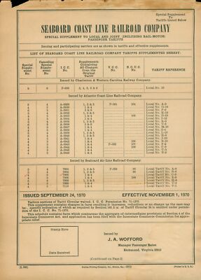 1970 Seaboard Coast Line Railroad Tariff Supplement Atlantic Richmond VA Fares