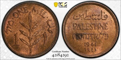 PALESTINA , 1 MIL 1941 PCGS MS 64 RB ( PAL. ) , RARO - Imagen 1 de 1