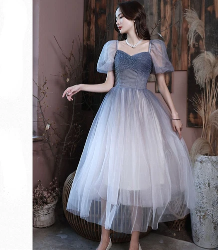 Damen Farbverlauf Netz Kleid Perlen Dekor Puffärmel Abendkleid Prinzessin glänzend - Bild 7 von 13