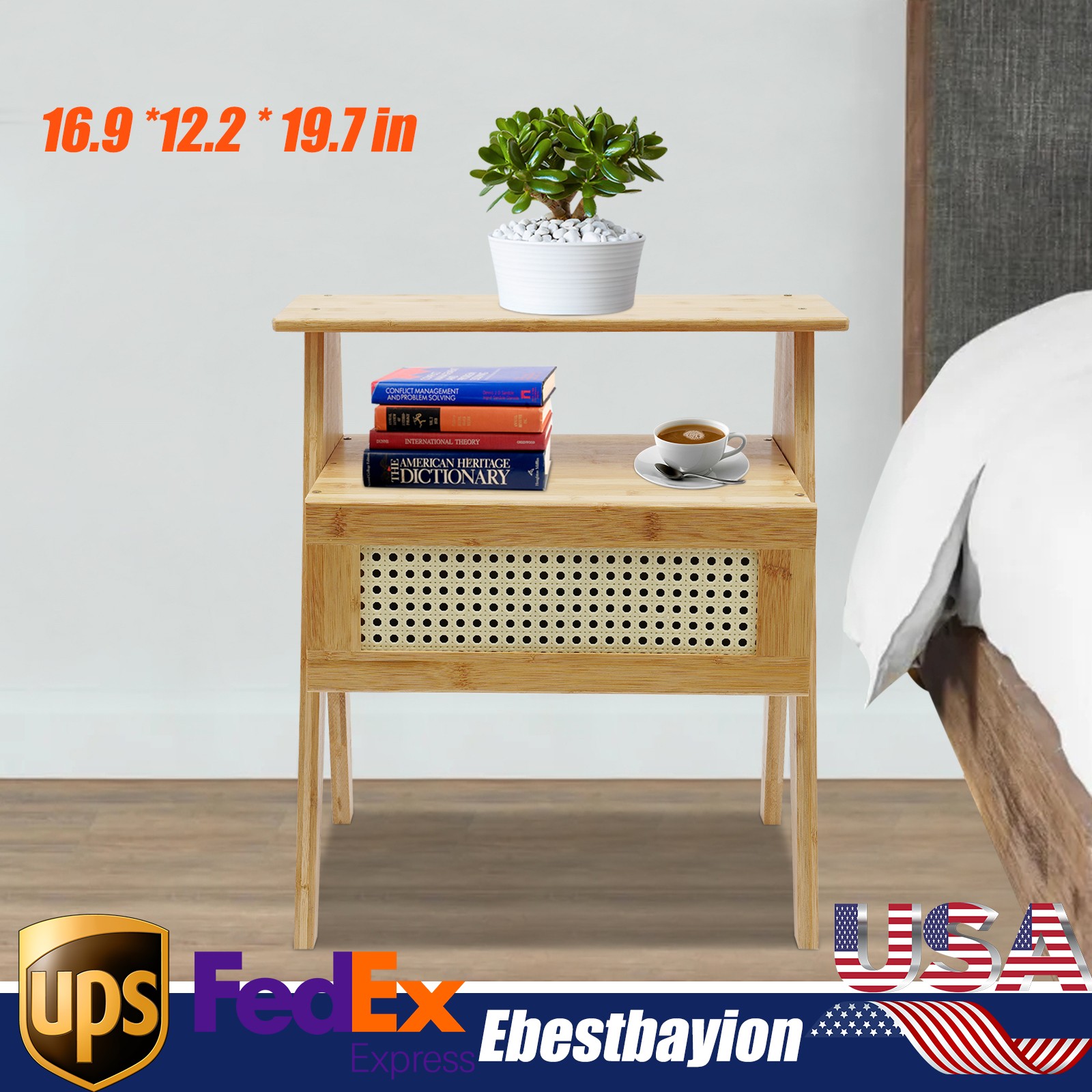 16.9 Inch Bamboo Nightstand with Drawer - Bedside Storage Cabinet  