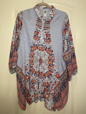 Ivy Jane Womens Blue/White/Reds, Stripes & Floral Collared pullover SZ Small