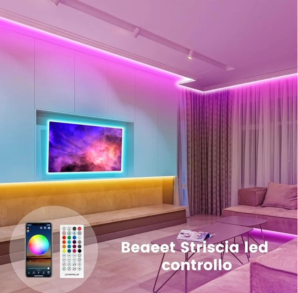 Striscia LED 10 Metri, Luci LED 5050 RGB per Camera, con Telecomando e APP - Immagine 3 di 4