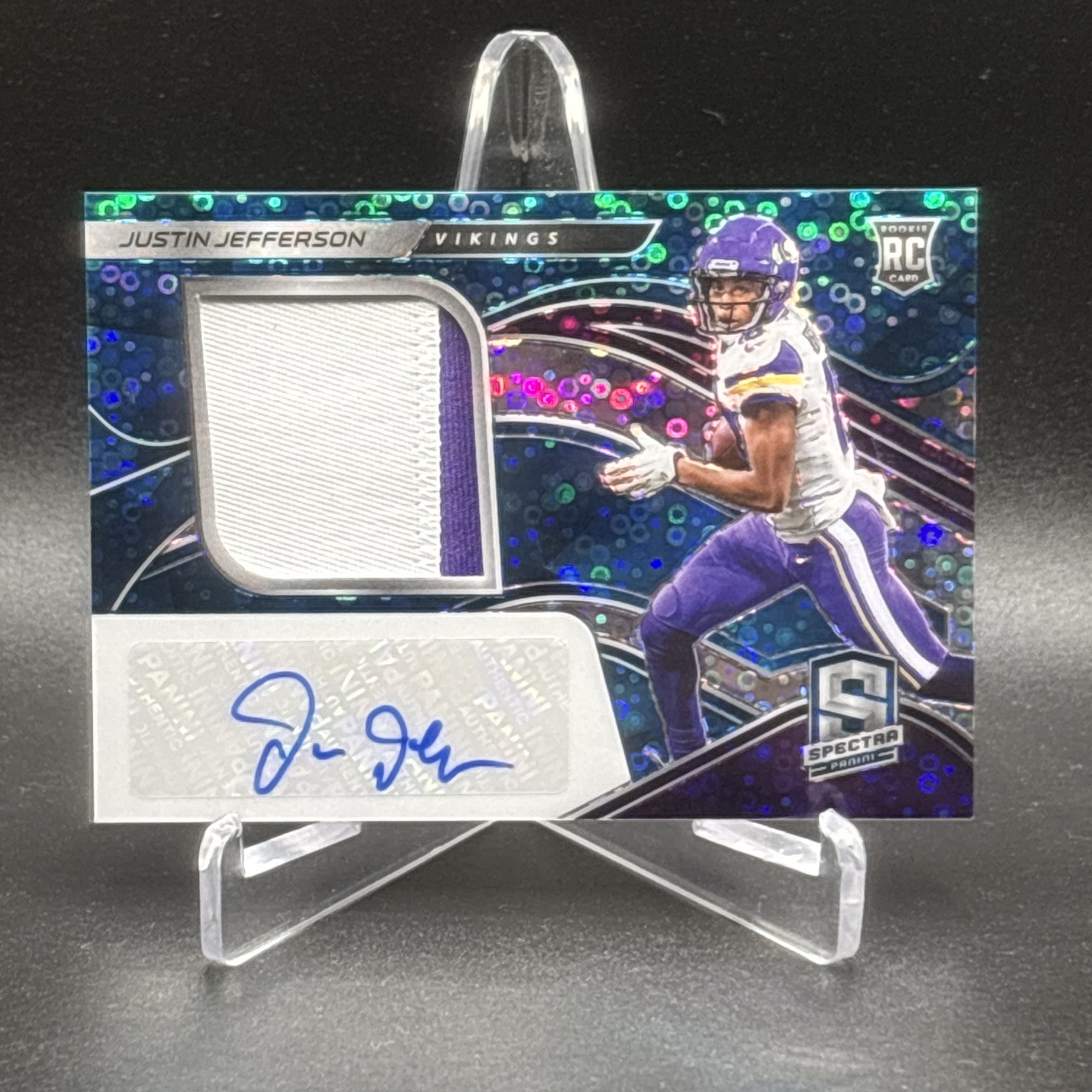 2020 Spectra Justin Jefferson Rookie Autograph Neon Blue Patch Auto /60 Vikings