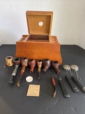 Vtg Tobacco Estate Pipes Lot of 7 Pipes Stand Box Aztec Humidor.  Good For Enthu