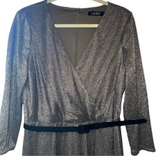 Lauren Ralph Lauren Women's Black & Gray Metallic Ribbed Dress w/ Belt, Size 12