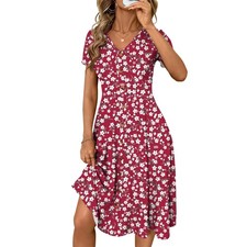 Women Summer Dress Floral Button Midi Sundress Short Sleeve V Neck Polka Dot