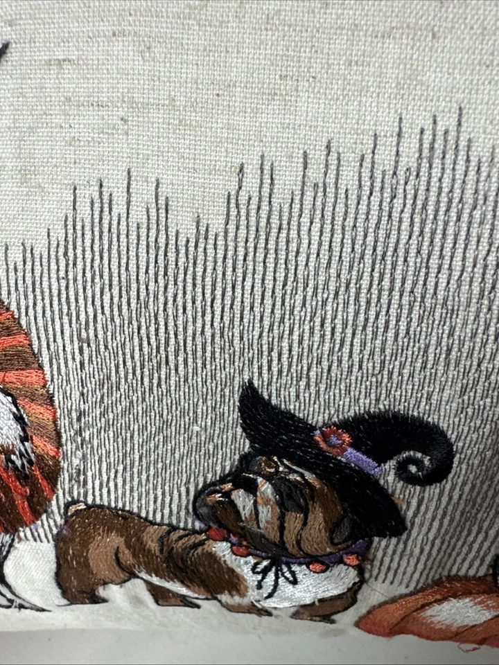 Pier 1 Halloween Fall Dog Cats Embroidered Lumbar Pillow Beige Made In India - Image 3 of 4