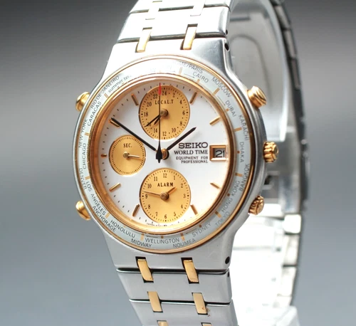 Vintage 1990 [N MINT] SEIKO World Time 5T52-7A00 White Qz Men's Watch JAPAN
