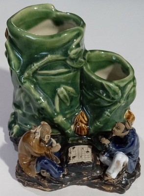 Ceramic Bamboo Double Vase Asian Mud Men Board Game Handmade
