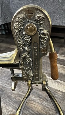 Rogar Estate Antique Brass Table Top Wine Bottle Opener w/ Wood Stand Corkscrew