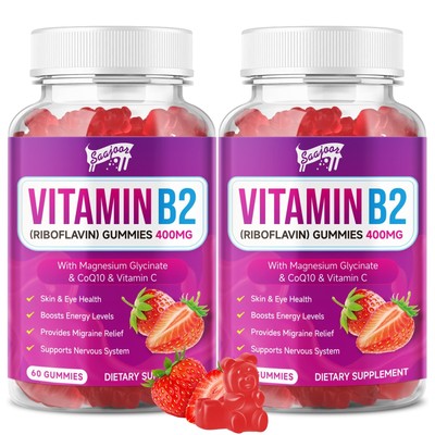 Saajoor 2 Pack Vitamin B2 Gummies- Riboflavin 400mg with Magnesium  CoQ10  Vi...