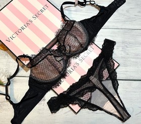 Victoria's Secret Dream Angels Unlined Balconette Bra Thong Set Black