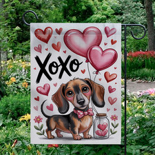 XOXO Valentine Garden Flag Cute Dachshund Dog Heart Balloons Outdoor Yard Decor
