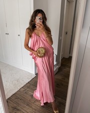 Zara ZW Collection Long Satin Volume V-Neck Dress Pink XS 3684/019 New