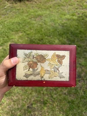 Red Wooden Floral Jewelry Box w/ Mirror, Velvet Lined, Hinged, 2 Compartments