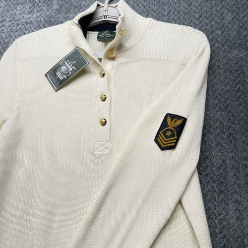 Lauren Ralph Lauren Sweater M Cream Military Patch Gold Button Mock Neck NWT - Imagen 7 de 12
