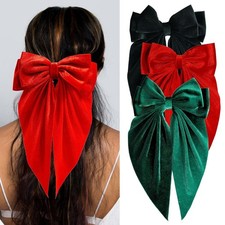 3 PCS Large Velvet Hair Bows Oversized Long Tail Bows Clips Black-Red-Green