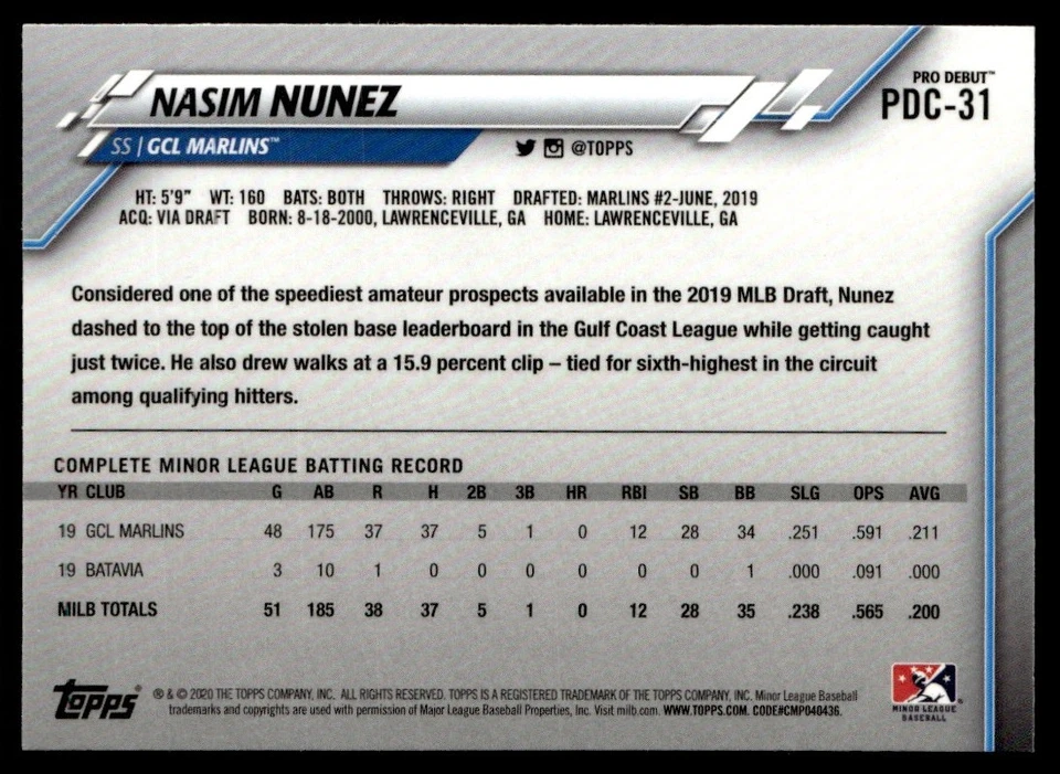 2020 Topps Pro Debut Chrome Nasim Nunez Rookie GCL Marlins #PDC-31 - Image 2 of 2