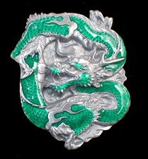 GREEN CHINESE DRAGON BELT BUCKLE SISKIYOU PEWTER  ENAMEL US MADE