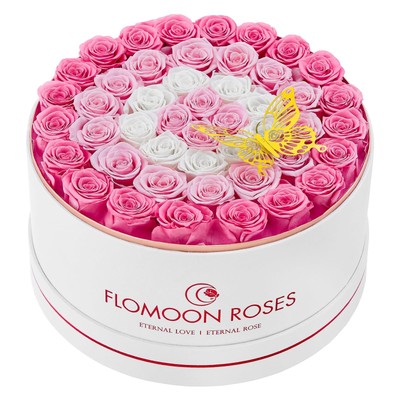 Preserved Roses 47-Piece Real Forever Flowers in White Round Velvet Box, Birt...