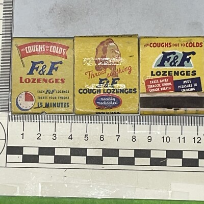 Lot Of 3 Rare Matchbooks  F&F Lozenges   For Coughs Due To Colds  gmg  Foxing