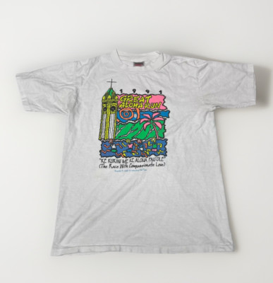 Single Stitch Mens T-Shirt 1991 Great Aloha Run White w/ Graphic Logo Size L USA