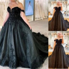 Gothic Black Wedding Dresses Off Shoulder Lace Glitter Sweep Train Bridal Gown