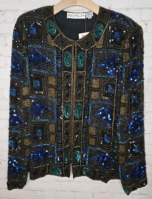 Vtg SCALA 100% Silk Sequin Beaded Black Jacket Women Plus Sz 1X Formal  Evening