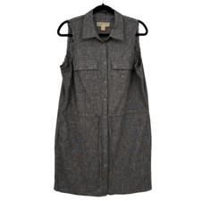 Michael Kors Linen Frayed Sleeve Snap Button Drawstring Dress Black Size Large