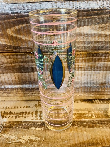 Set of 5 Vintage Mid Century Floral Gold Rimmed High Ball Glasses 7" Tall - Picture 10 of 14