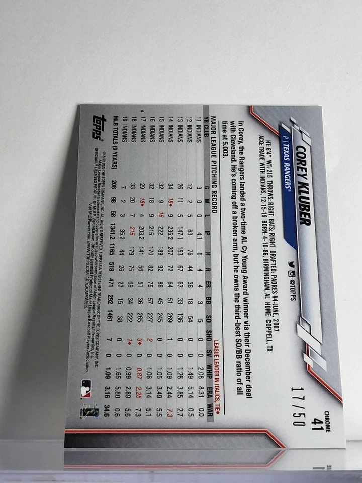 2020 Topps Chrome Base Gold Refractor #41 Corey Kluber /50 - Texas Rangers - Image 2 of 2