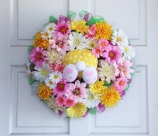 Bunny Butt Mesh Wreath, 22” Easter Spring Flower Door Décor, Yellow