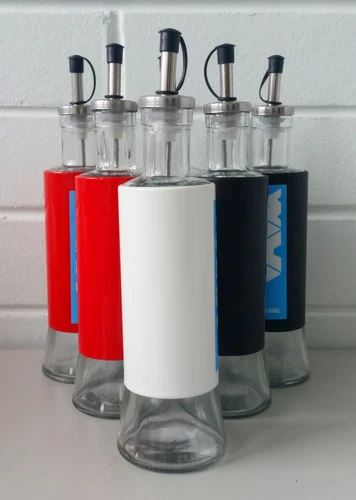 6 x Glass Oil/Vinegar/Source Dispenser/Cruet/Pourer With Coloured Metal Cover AP