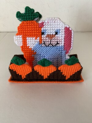 Set Of 6 Handmade Rabbit W/ Carrot Plastic Canvas Coasters & Holder Felt Backed
