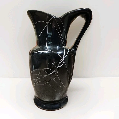 Brush-McCoy Spiderweb Cromoveil Pottery Pitcher MCM Black With White Drizzle