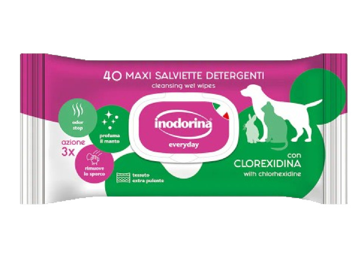 INODORINA Salviette per Cane e Gatto CLOREXIDINA. 6 Buste Da 40 Pezzi Cadauno