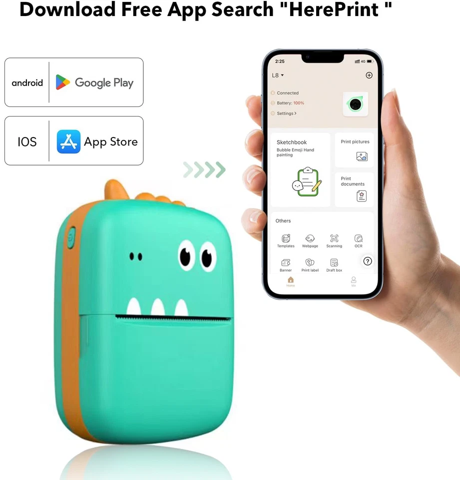 Portable Mini Thermal Printer Bluetooth Pocket Phone Printer + Paper Labels Roll - Image 3 of 4