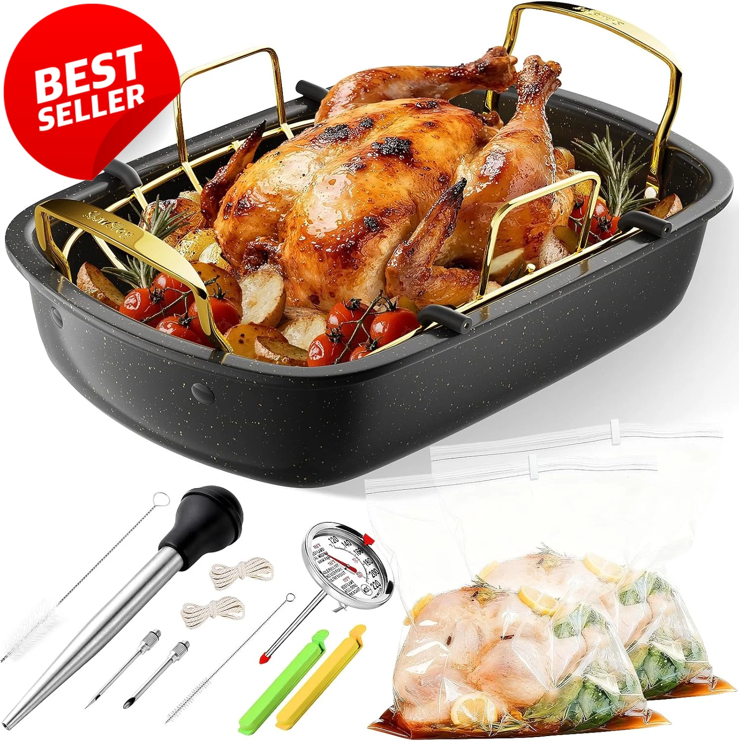 17x13 Inch Nonstick Turkey Roasting Pan with Rack Baster & Thermometer - US
Opens in a new window or