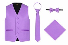 Boy's 4-Piece Solid Formal Suit Vest Set, Zipper Tie, Clip-On Bow Tie  Pocke...