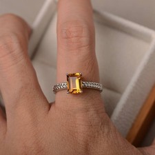 925 Sterling Silver Citrine Women Ring Natural Emerald Cut Gemstone Dainty Ring
