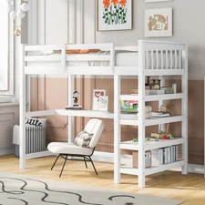 Twin Size Loft Bed w/Storage Shelves and Under-bed Desk，White