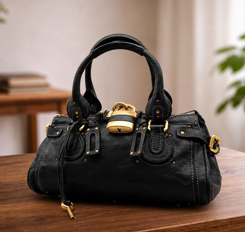 Chloe Paddington Black Leather Satchel Bag w/Padlock, Key Authentic Vintage